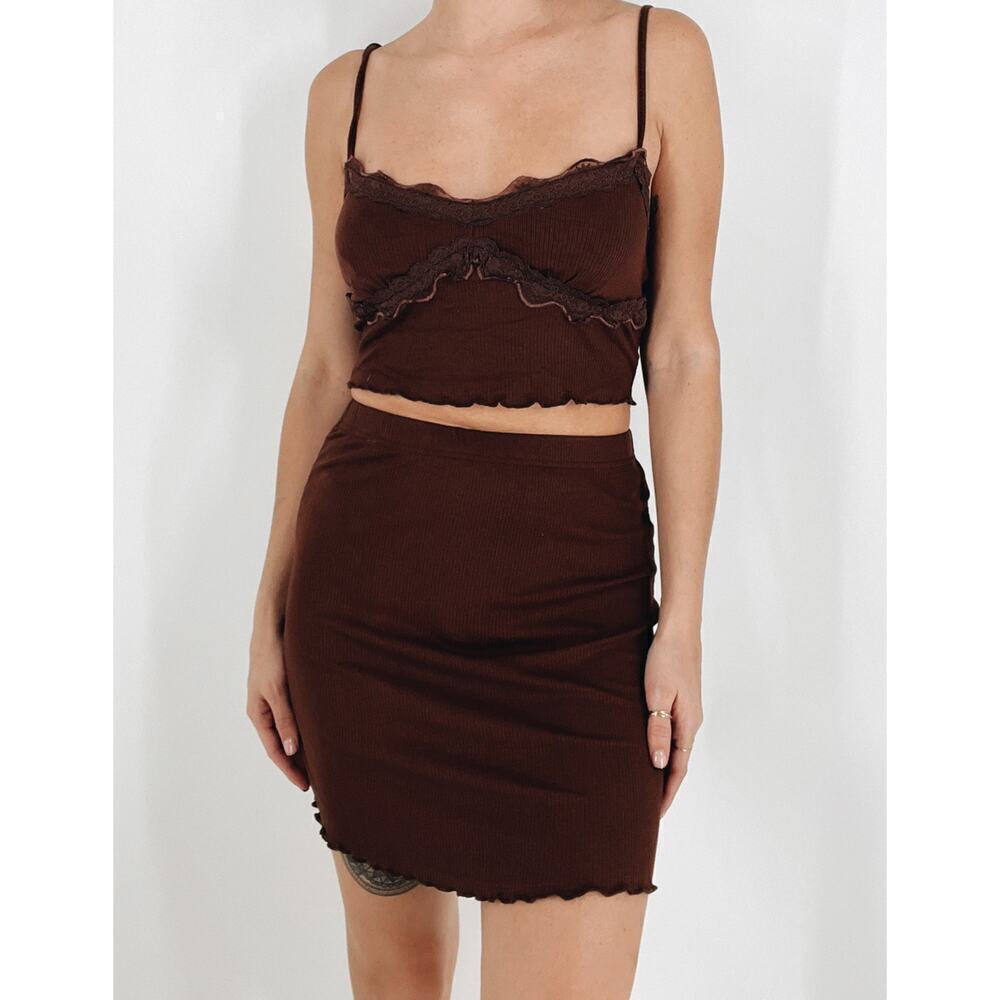 Women's Lace Detail Rib Knit Brown Bodycon Skirt Set Size Medium